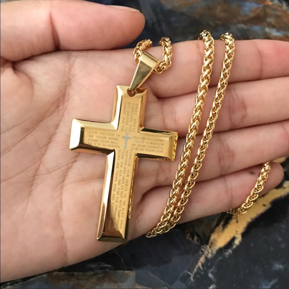 18k gold plated Lords Prayer Cross Necklaces